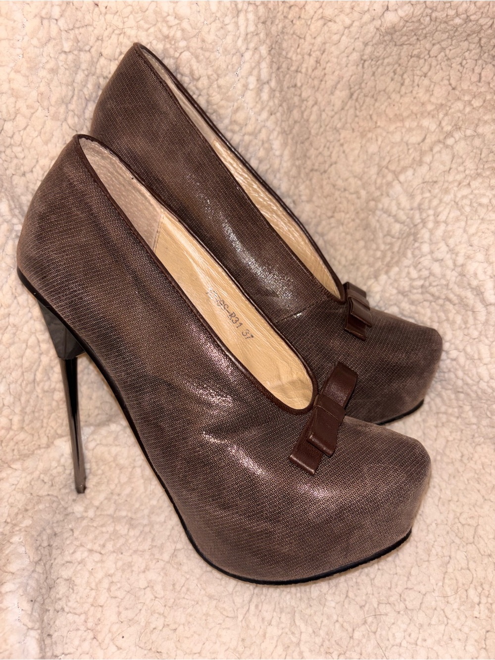 Sharman Brown Metallic Platform Stiletto Bow Pumps Heels EU 37
